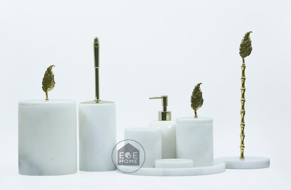 DEKORAFİT BEYAZ MERMER 8 PARÇA BANYO SETİ GOLD TÜY TEPE