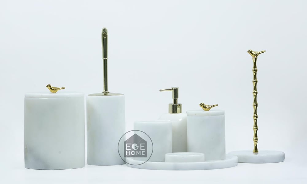 DEKORAFİT BEYAZ MERMER 8 PARÇA BANYO SETİ GOLD KUŞ