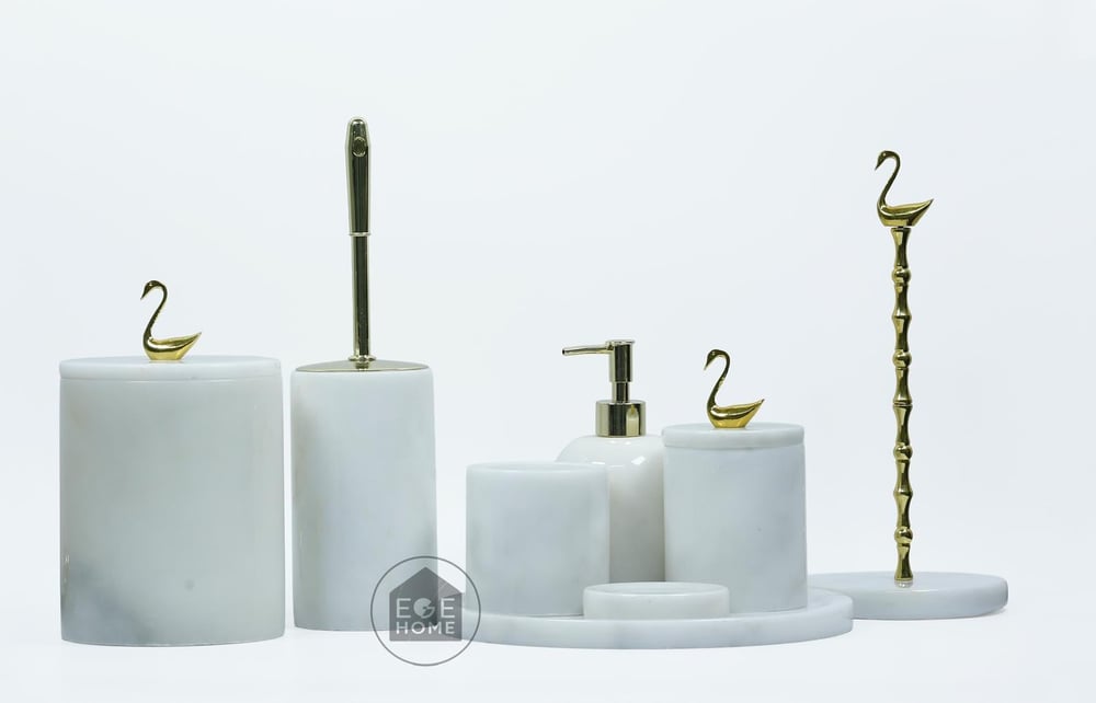 DEKORAFİT BEYAZ MERMER 8 PARÇA BANYO SETİ GOLD KUĞ