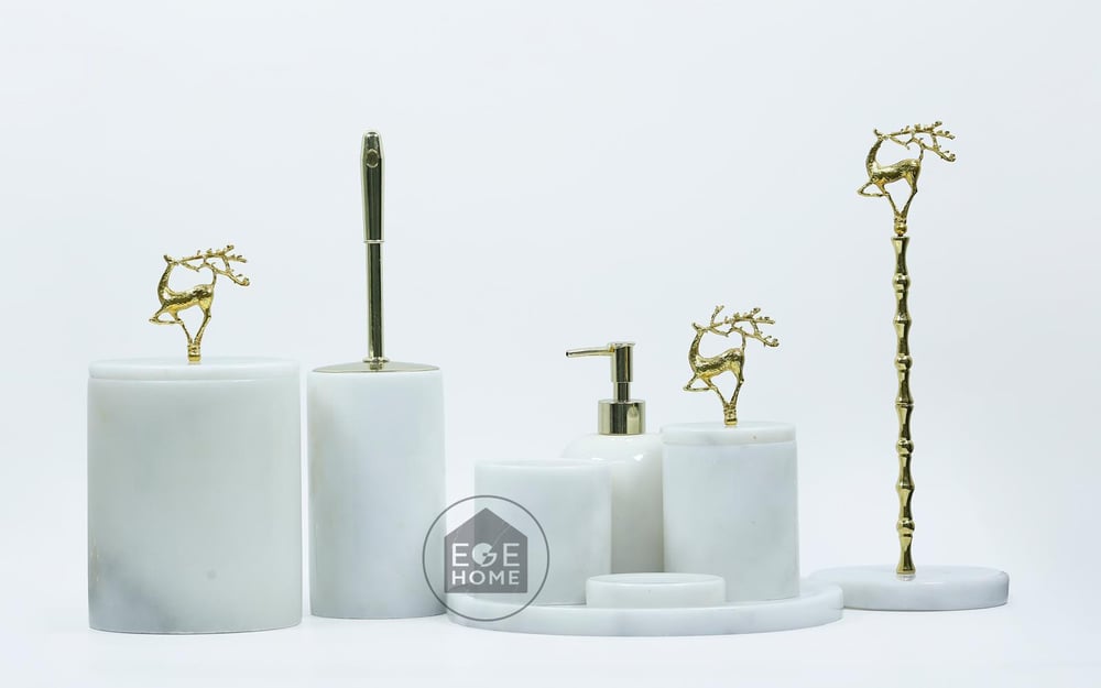 DEKORAFİT BEYAZ MERMER 8 PARÇA BANYO SETİ GOLD UÇAN GEYİK