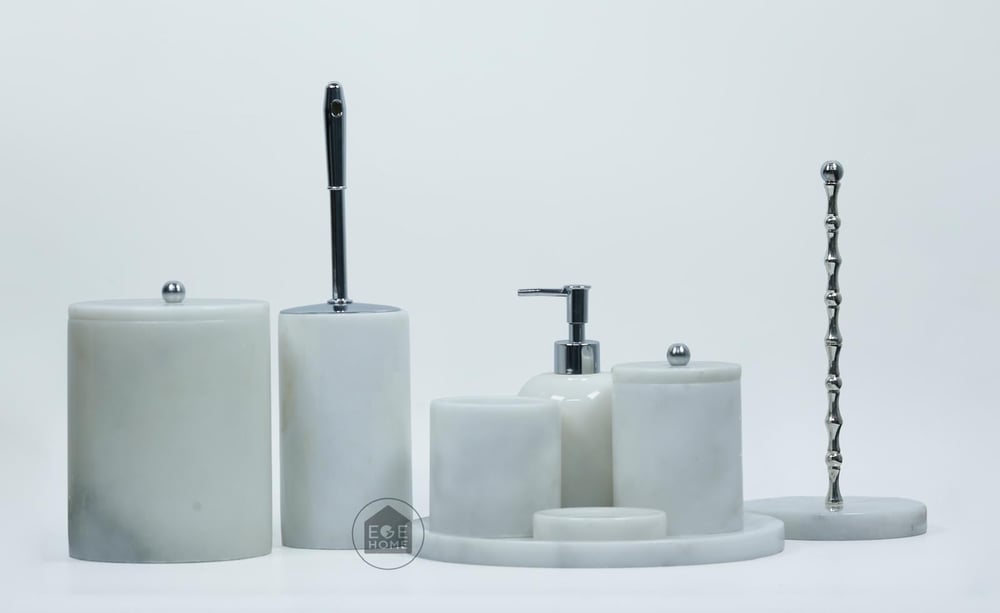 DEKORAFİT BEYAZ MERMER 8 PARÇA BANYO SETİ GÜMÜŞ TOP