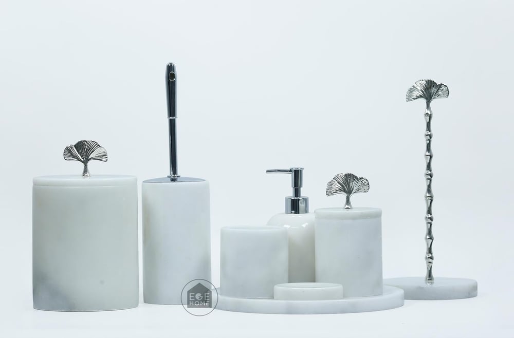 DEKORAFİT BEYAZ MERMER 8 PARÇA BANYO SETİ GÜMÜŞ YAPRAK