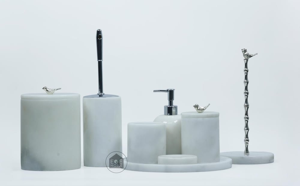 DEKORAFİT BEYAZ MERMER 8 PARÇA BANYO SETİ GÜMÜŞ KUŞ