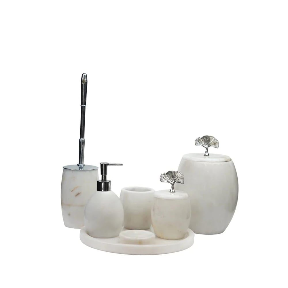DEKORAFİT BEYAZ OVAL MERMER 7 PARÇA BANYO SETİ GÜMÜŞ YAPRAK 