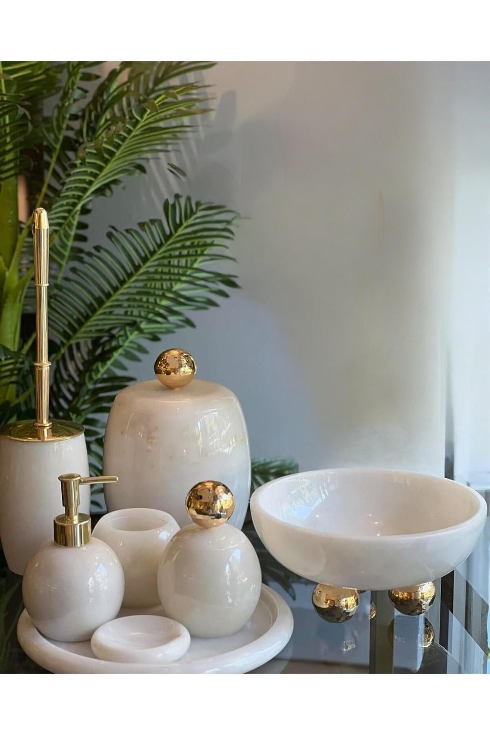 DEKORATİF DOĞAL BEYAZ OVAL   MERMER AKSESUAR DETAYLI 8Lİ  MERMER BANYO SETİ /MERMER BANYO TAKIMI