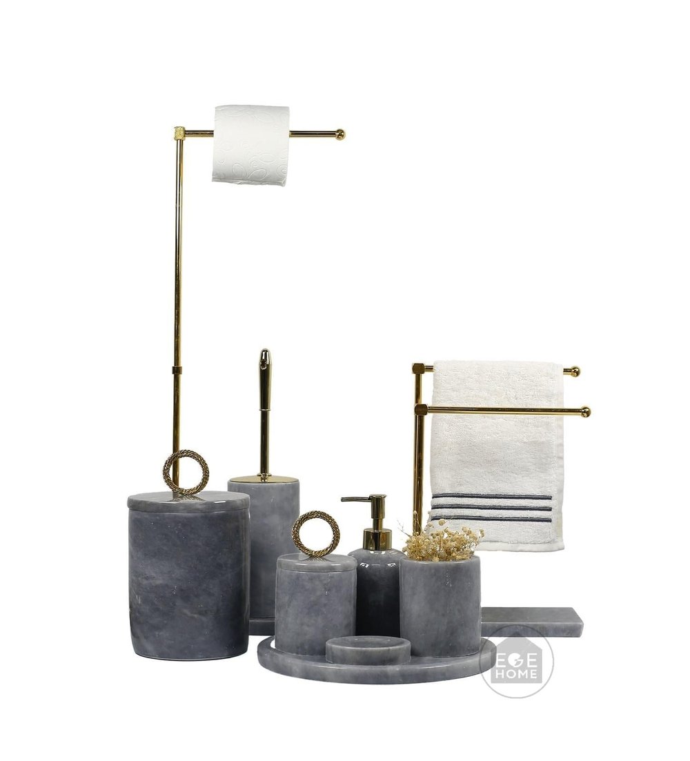DEKORATİF DOĞAL GRİ MERMER 7 PARÇA- WC HAVLULUK- İKİLİ HAVLULUK BANYO SETİ GOLD HALKA