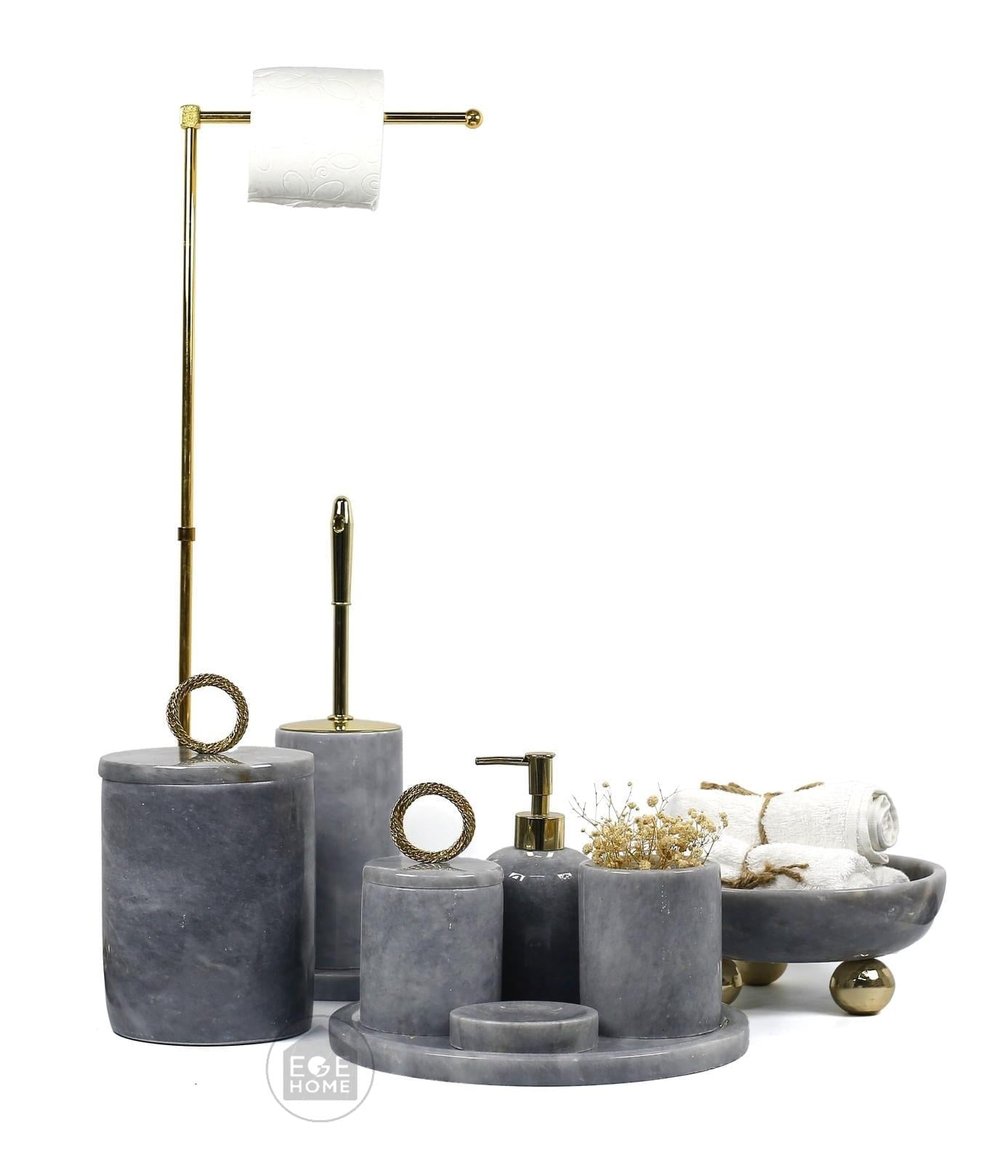 DEKORATİF DOĞAL GRİ MERMER 8 PARÇA BANYO SETİ GOLD HALKA / GRİ MERMER KASE DİSKO TOP AYAK
