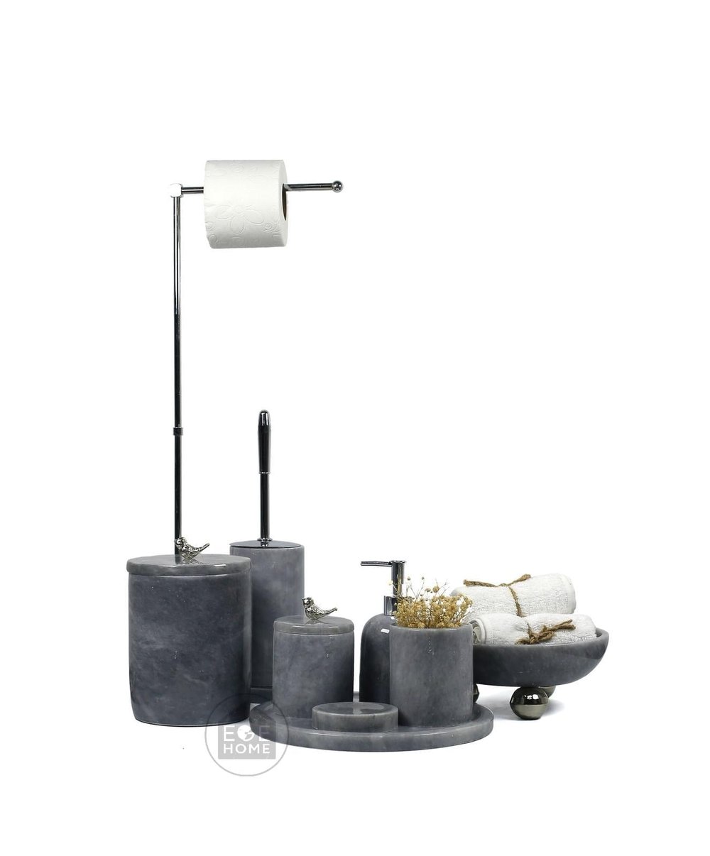 DEKORATİF DOĞAL GRİ MERMER 8 PARÇA BANYO SETİ GÜMÜŞ KUŞ/ GRİ MERMER KASE DİSKO TOP AYAK