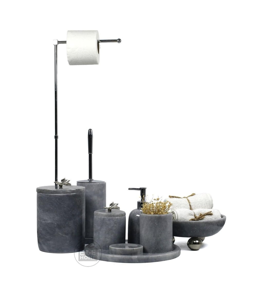 DEKORATİF DOĞAL GRİ MERMER 8 PARÇA BANYO SETİ GÜMÜŞ ÇINAR / GRİ MERMER KASE DİSKO TOP AYAK