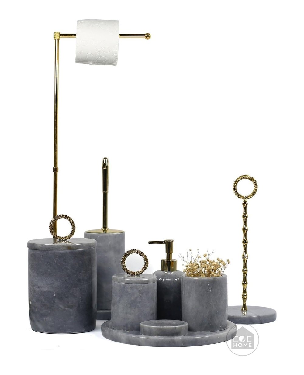 DEKORATİF DOĞAL GRİ MERMER 9 PARÇA BANYO SETİ GOLD HALKA 