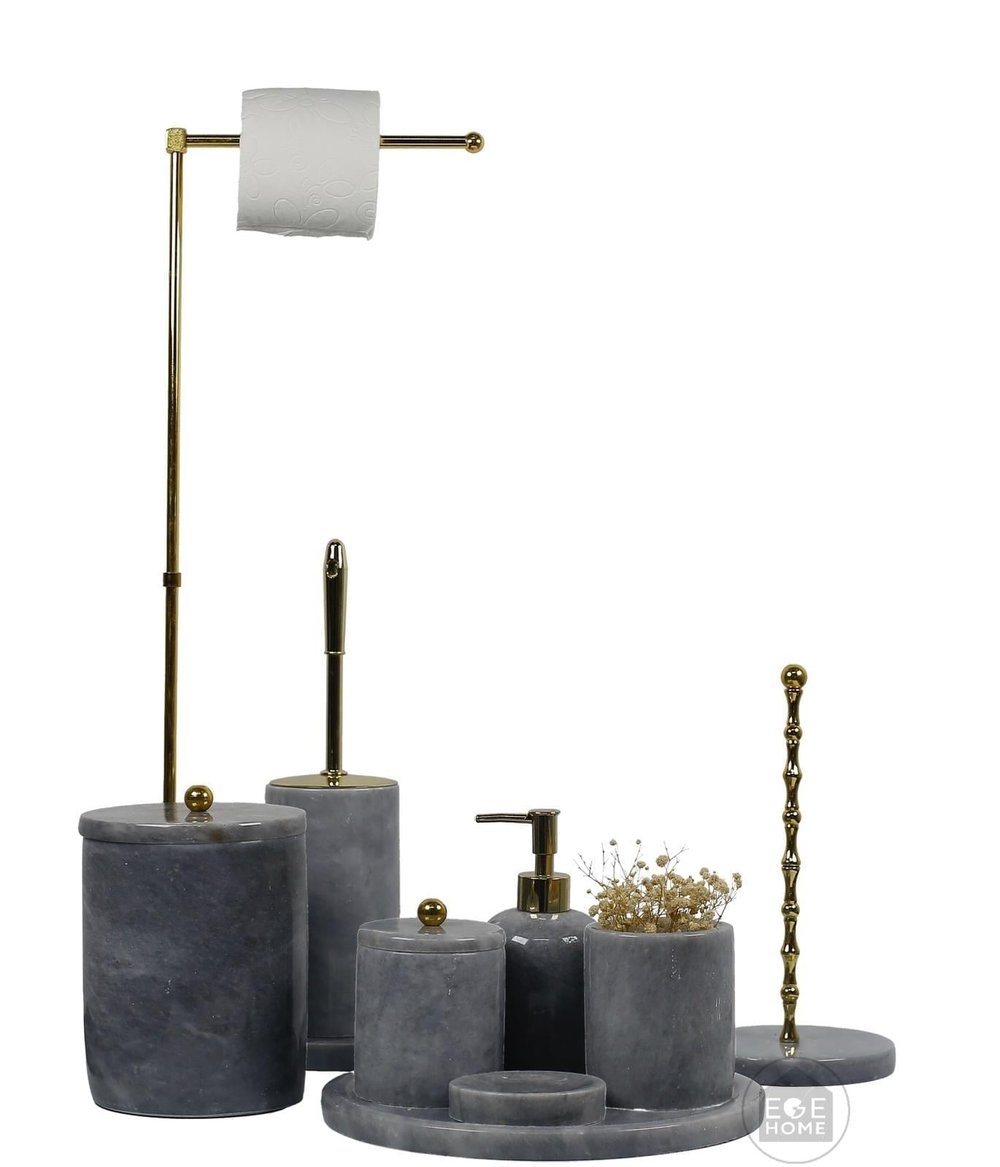 DEKORATİF DOĞAL GRİ MERMER 9 PARÇA BANYO SETİ GOLD TOP  