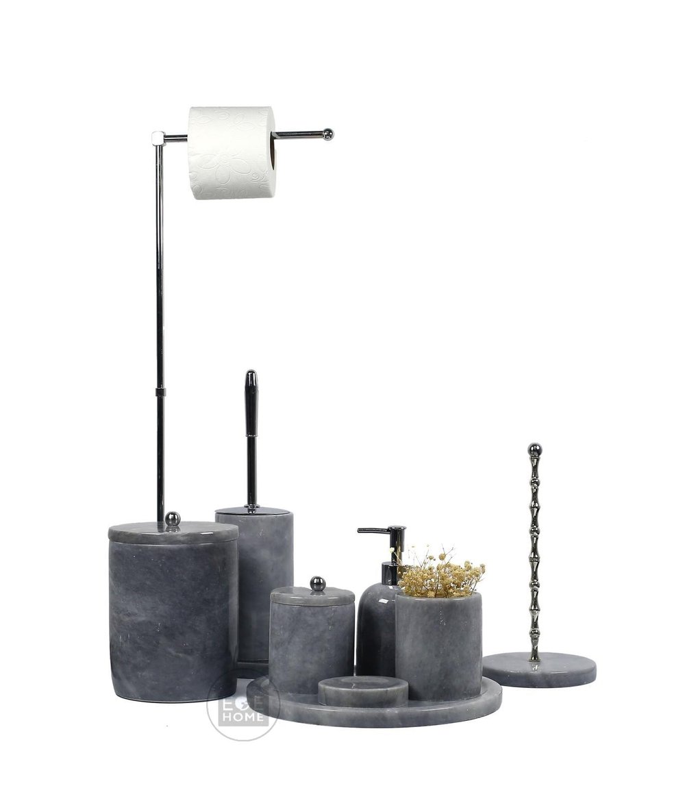 DEKORATİF DOĞAL GRİ MERMER 9 PARÇA BANYO SETİ GÜMÜŞ TOP