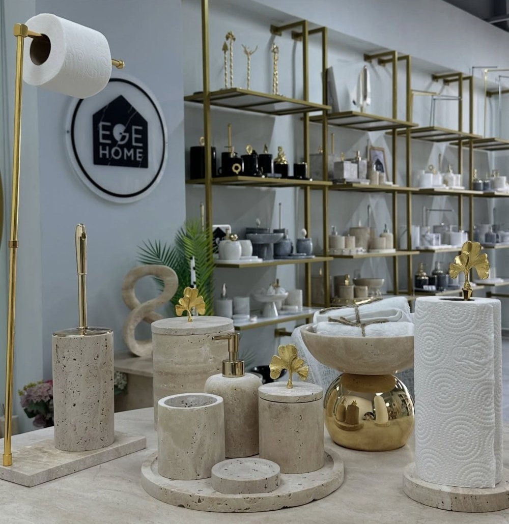 DEKORATİF DOĞAL TRAVERTEN MERMER 10 PARÇA GOLD GİNGO BANYO SETİ  