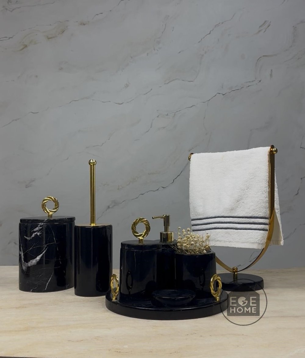 DEKORATİF SİYAH MERMER 8 PARÇA GOLD HALKA BANYO SETİ 