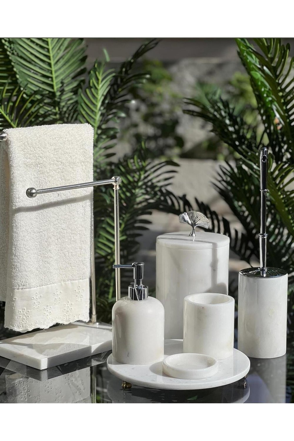 DOĞAL BEYAZ  MERMER / AKSESUAR DETAYLI 7Lİ MERMER BANYO SETİ /MERMER BANYO TAKIMI