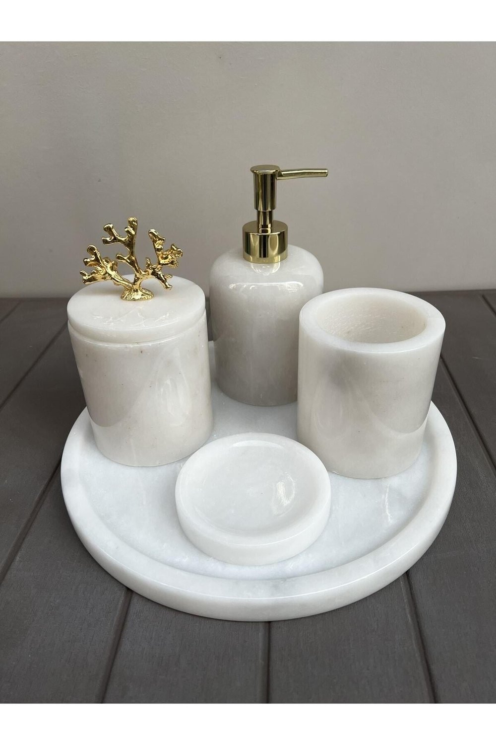 Figürlü 5 Li Banyo Seti %100 Doğal Mermer Olan Ürünümüz, Beyaz Gold