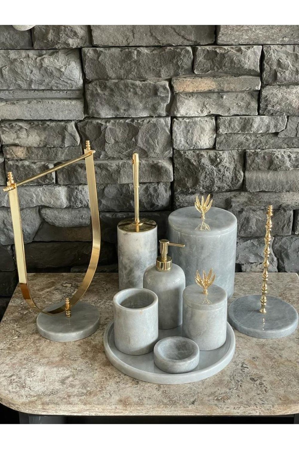 Gri Doğal Mermer Gold Zeytin Dalı Aksesuarlı 9,lu Banyo Seti