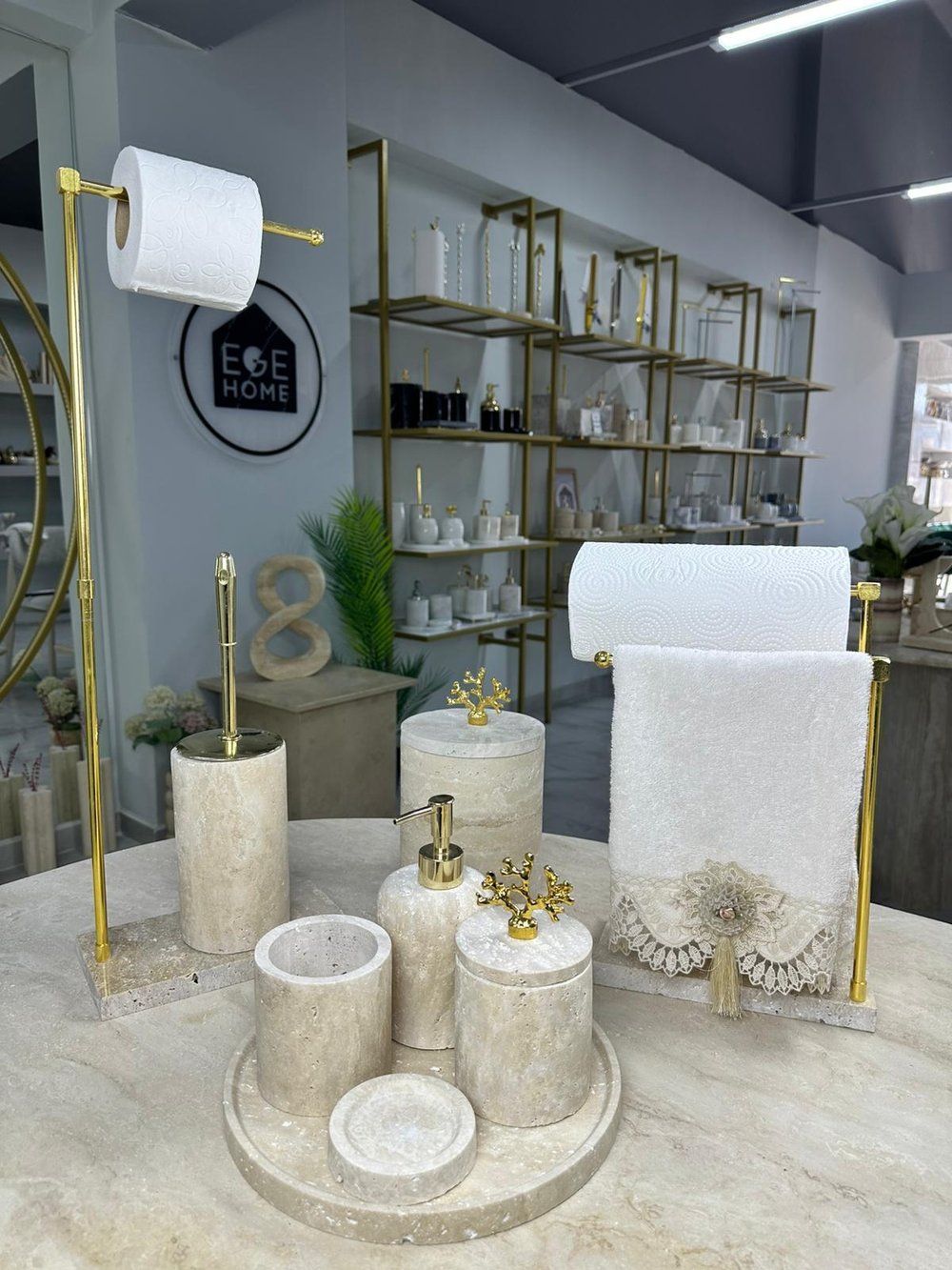 Traverten Mermer Banyo Seti- 9 Parça- Gold Mercan