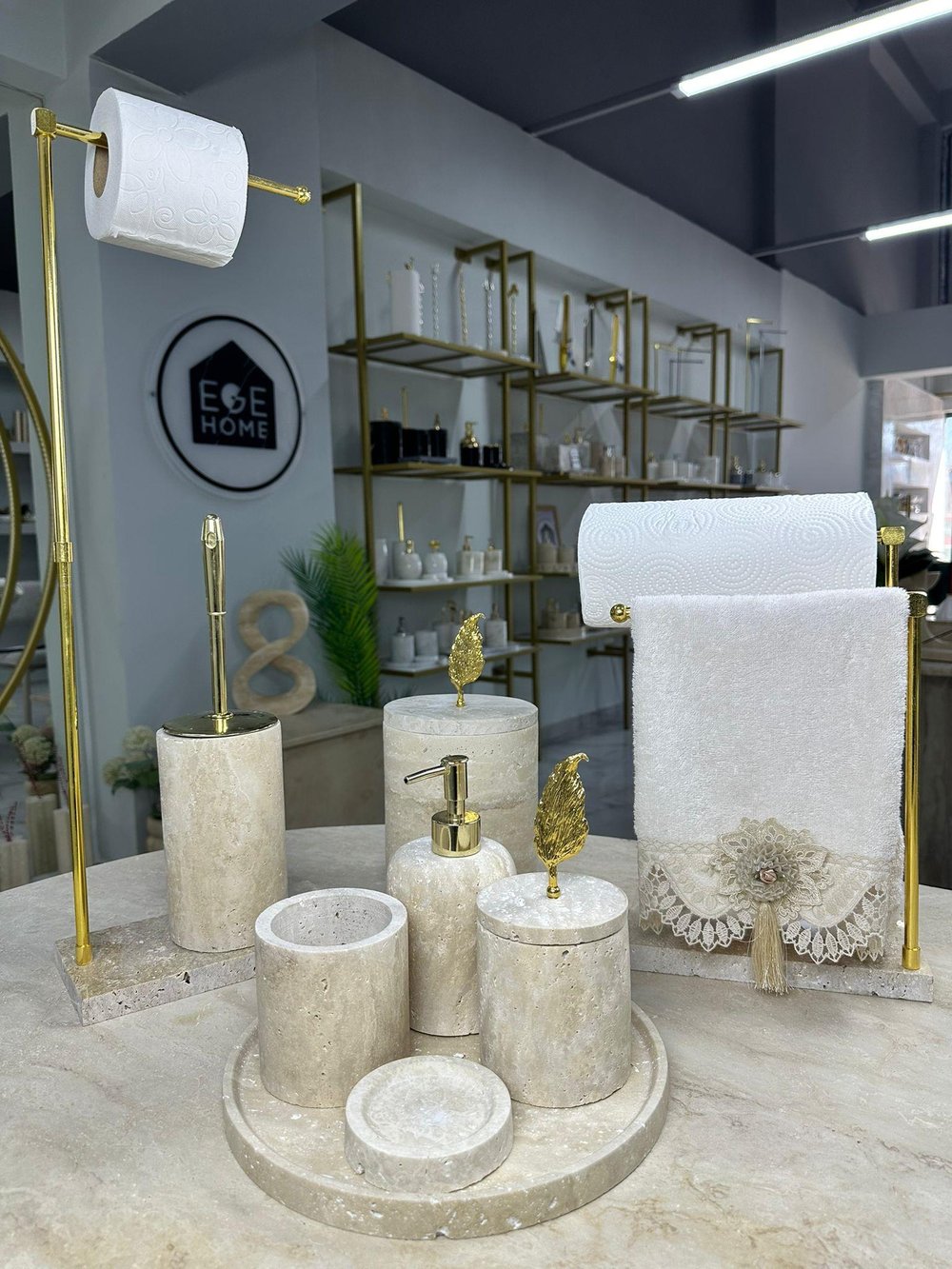 Traverten Mermer Banyo Seti- 9 Parça- Gold Tüy Tepe