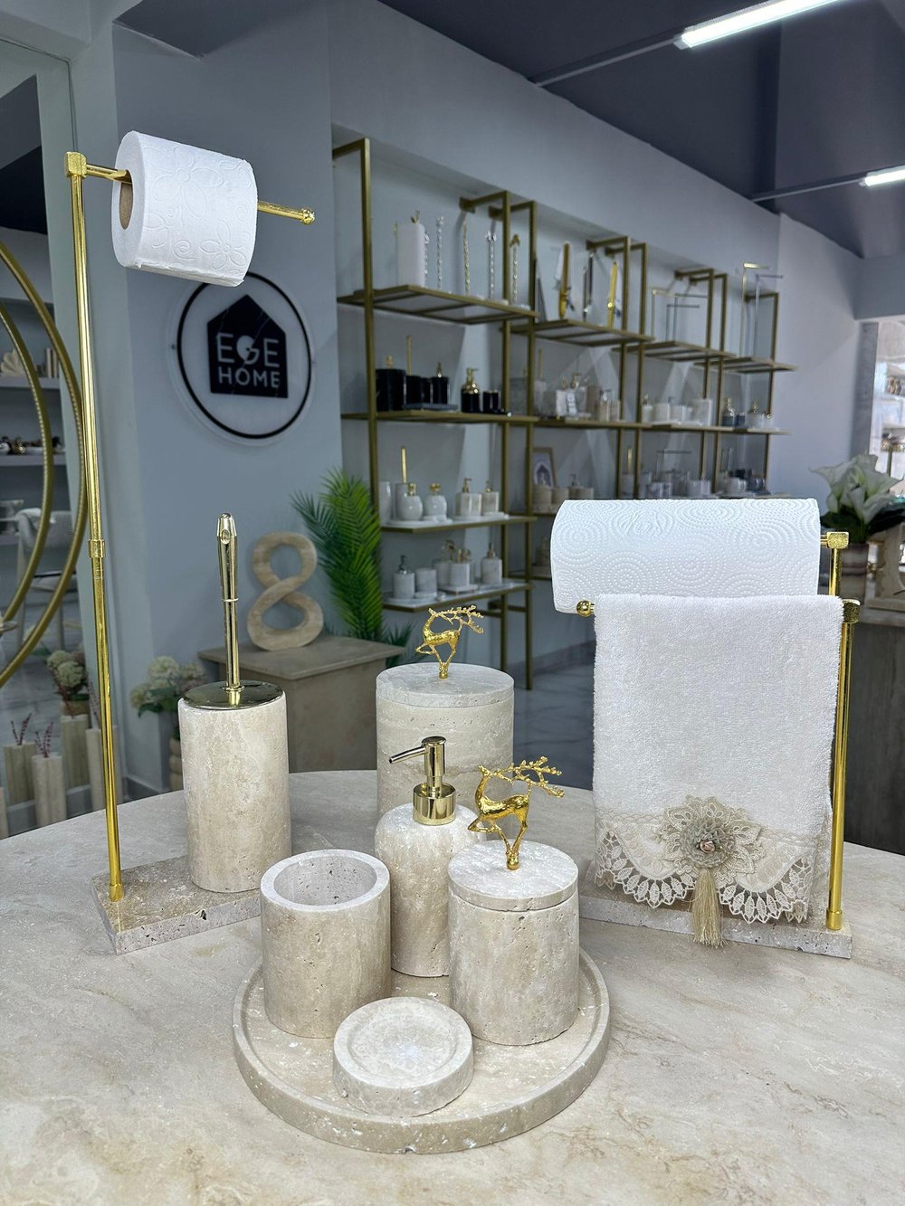 Traverten Mermer Banyo Seti- 9 Parça- Gold Uçan Geyik 