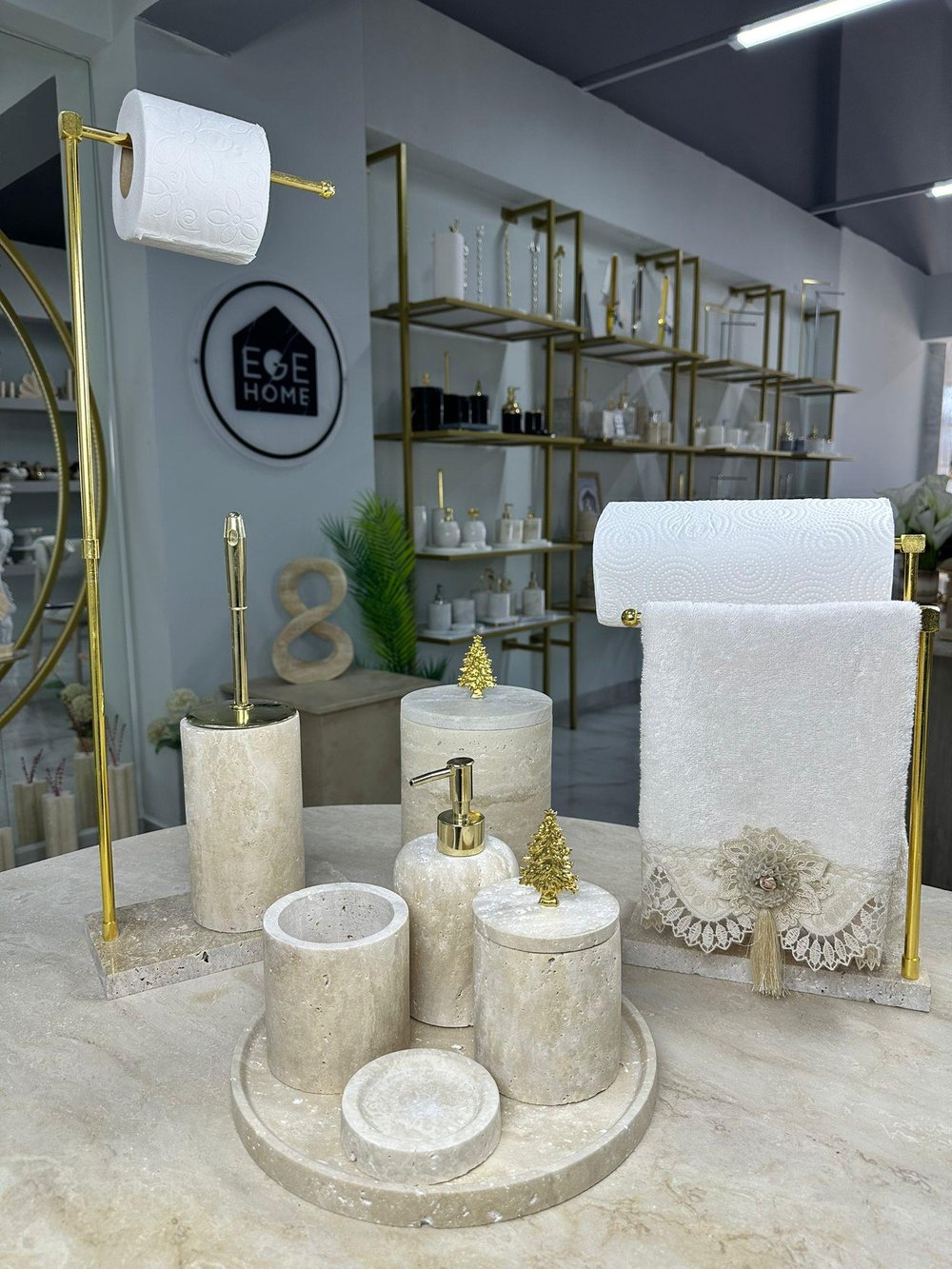 Traverten Mermer Banyo Seti- 9 Parça- Gold Ağaç