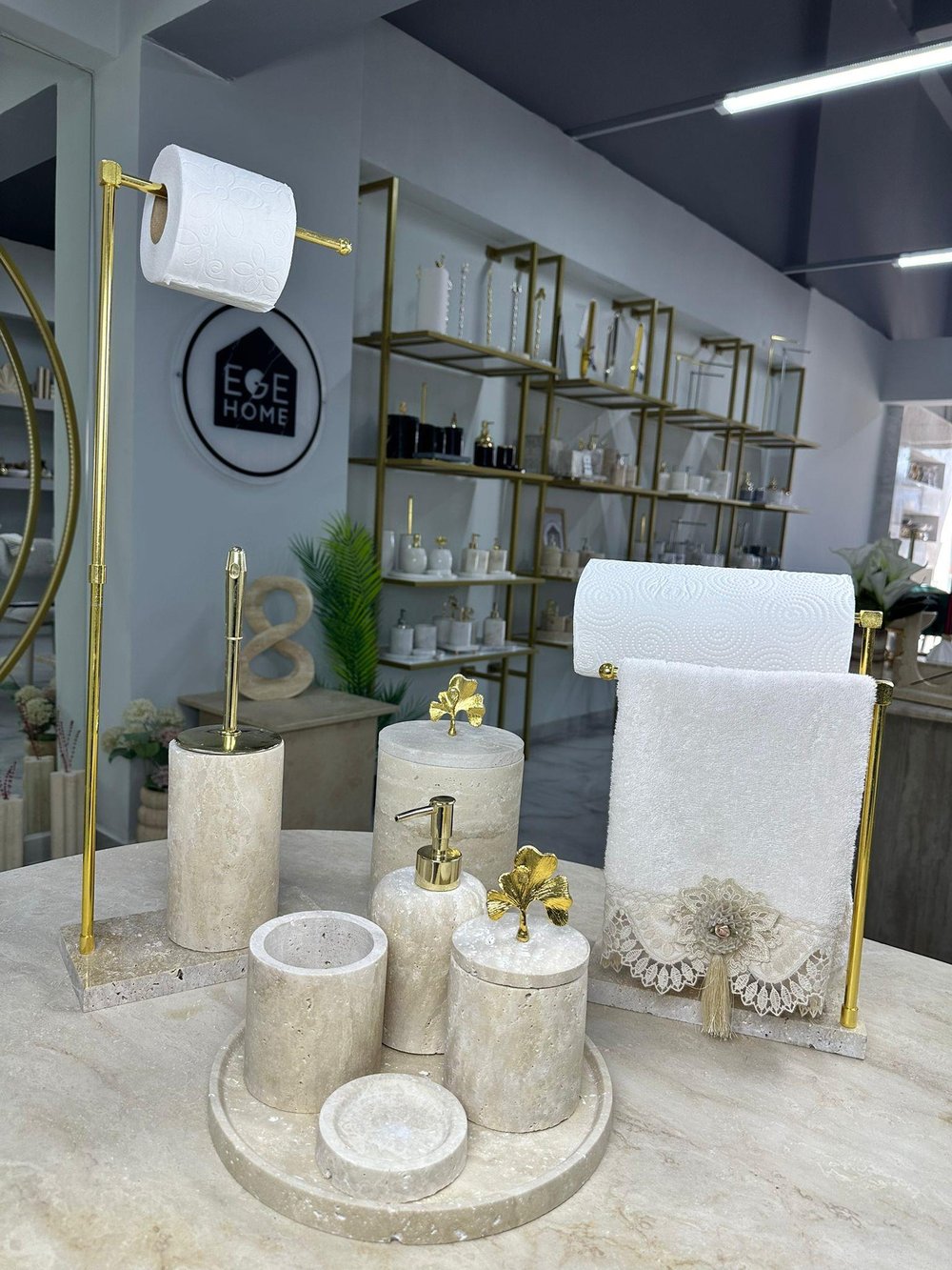 Traverten Mermer Banyo Seti- 9 Parça- Gold Gingo