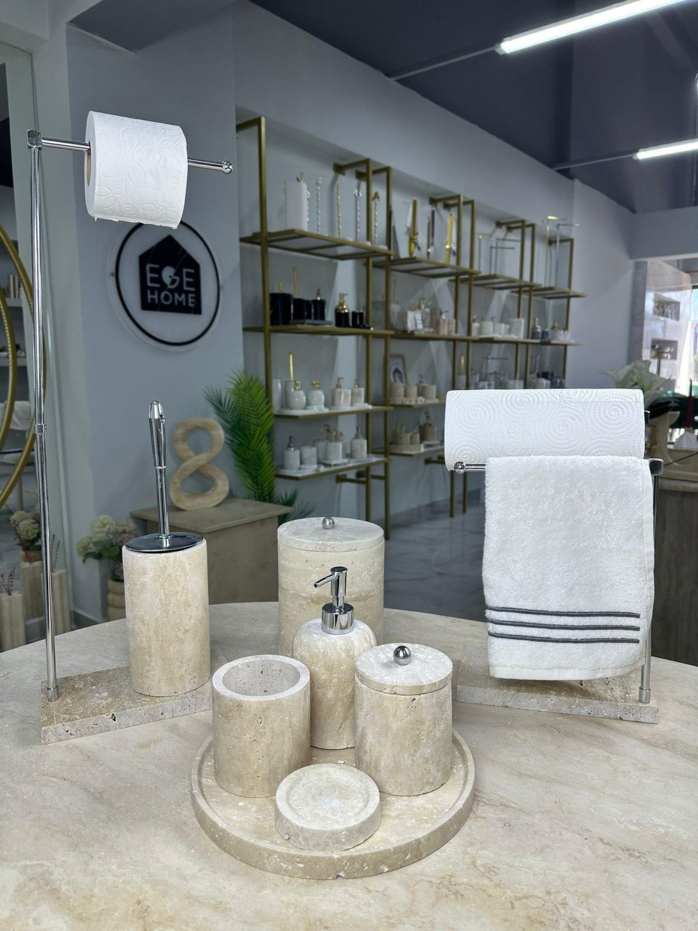 Traverten Mermer Banyo Seti- 9 Parça- Gümüş Top