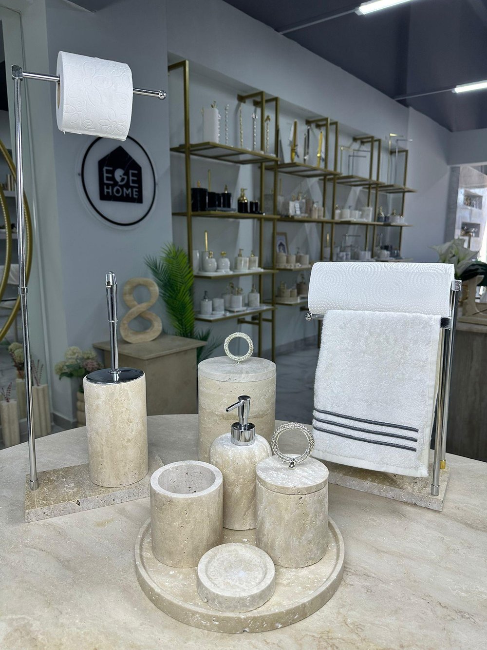 Traverten Mermer Banyo Seti- 9 Parça- Gümüş Halka