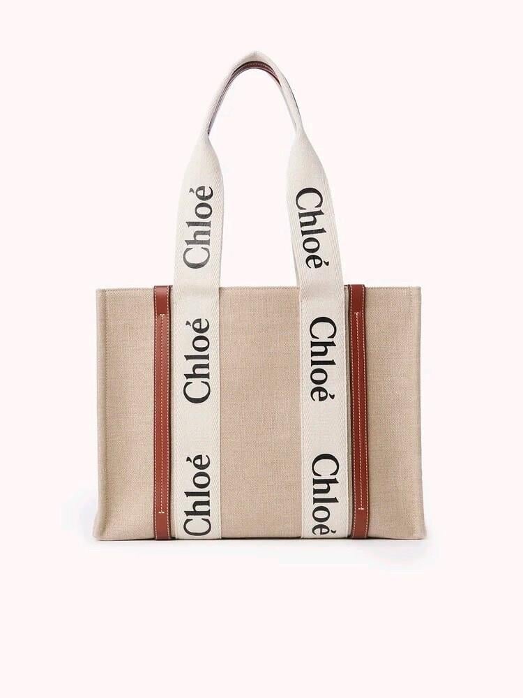 Chloé Medium Woody Kahverengi Beyaz Kadın Keten Çanta
