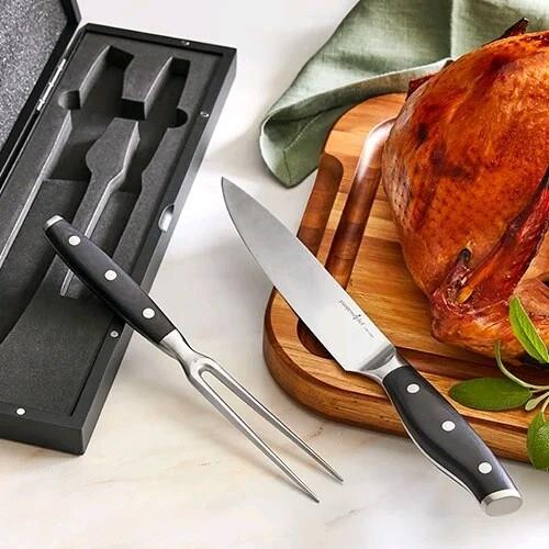 Pampered Chef Knife & Fork Carving Set With Black Case 100476
