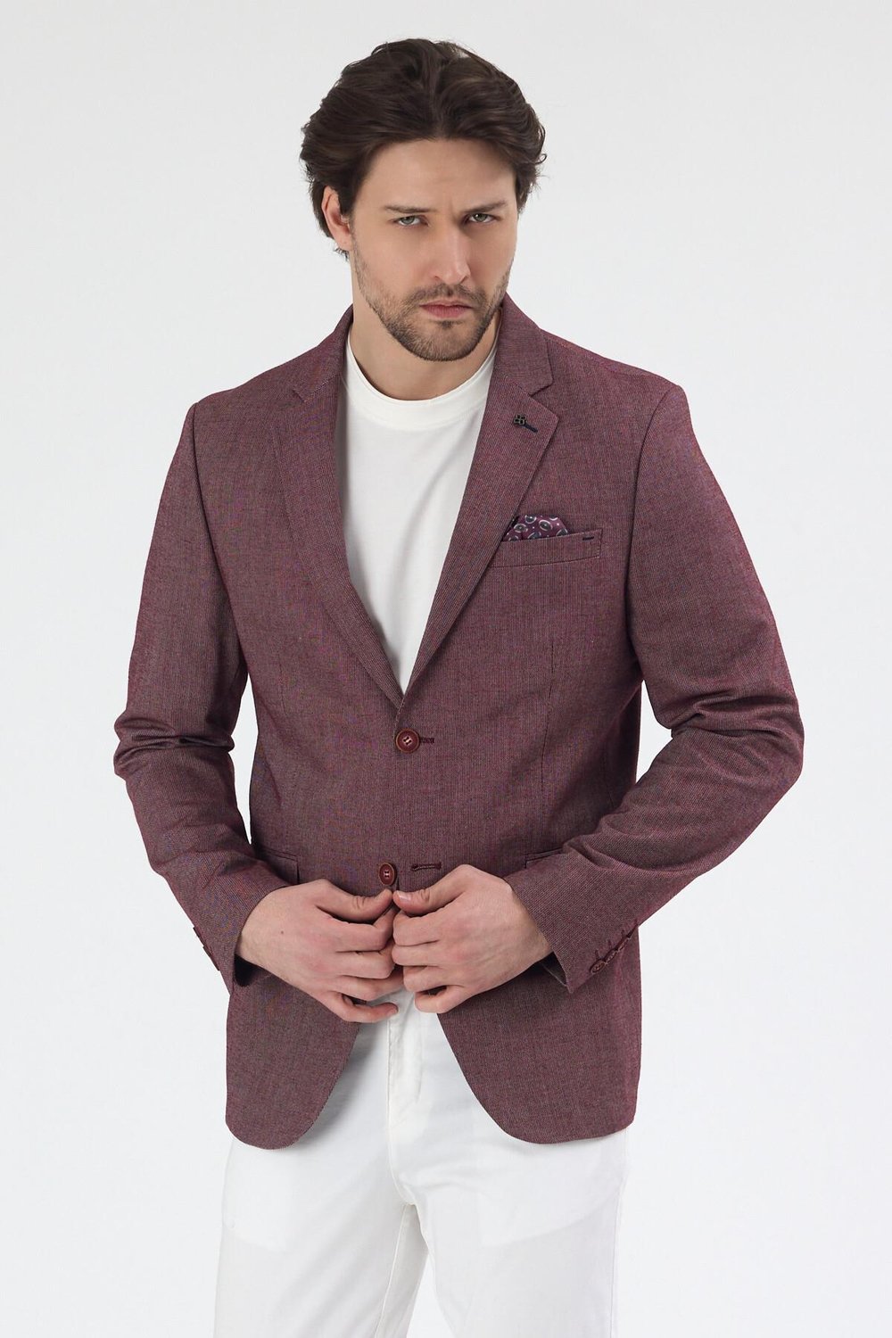 Adelmiro Erkek Bordo Yazlık Mono Yaka Slim Fit Keten Görünümlü Blazer Ceket