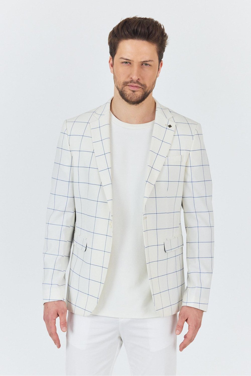 Aldano Erkek Beyaz Ekose Kareli Polyviskon Kumaş Slim Fit Spor Blazer Ceket