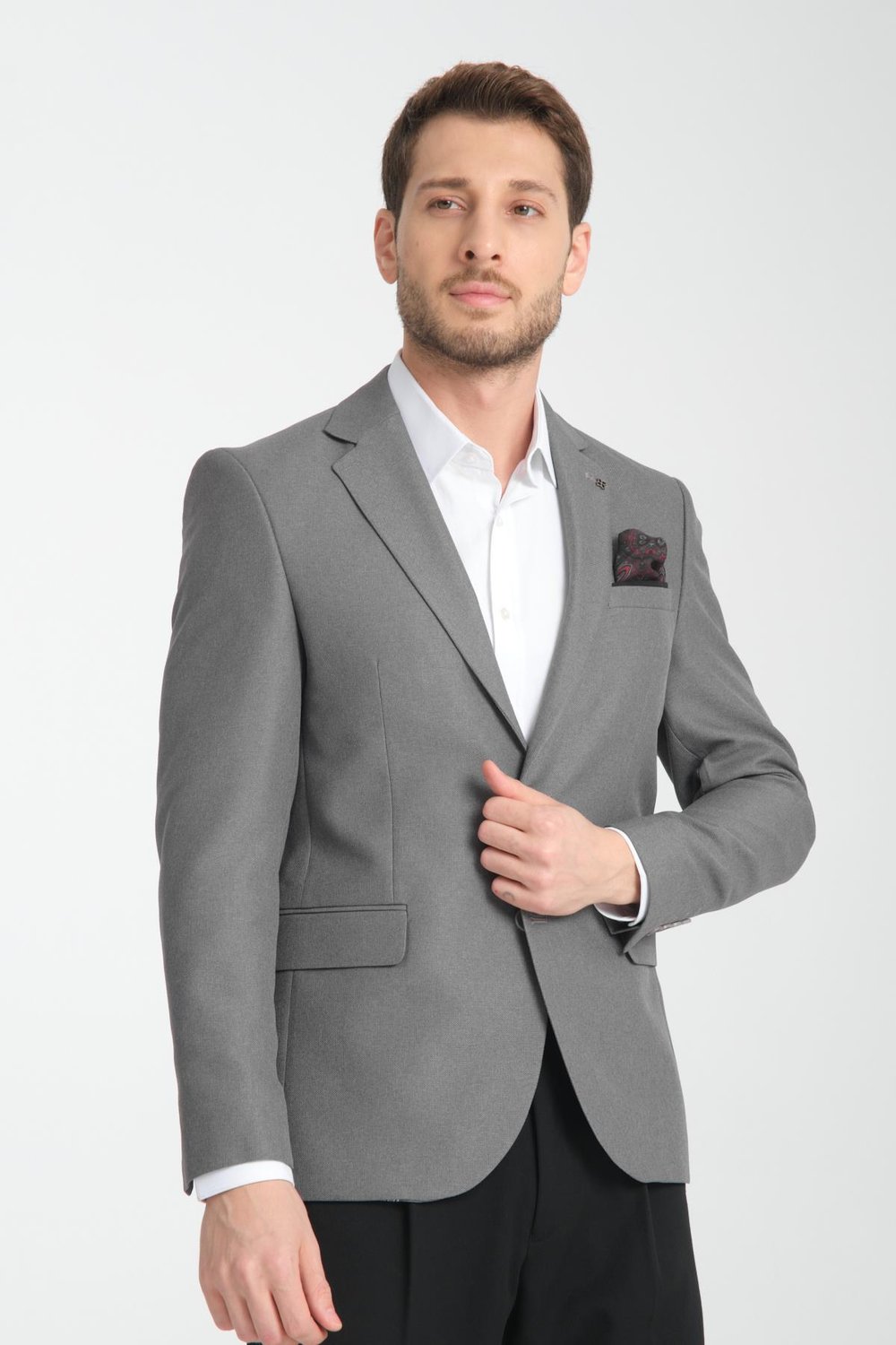 Alfredo Erkek Gri Mono Yaka Keten Desenli Slim Fit Spor Blazer Ceket
