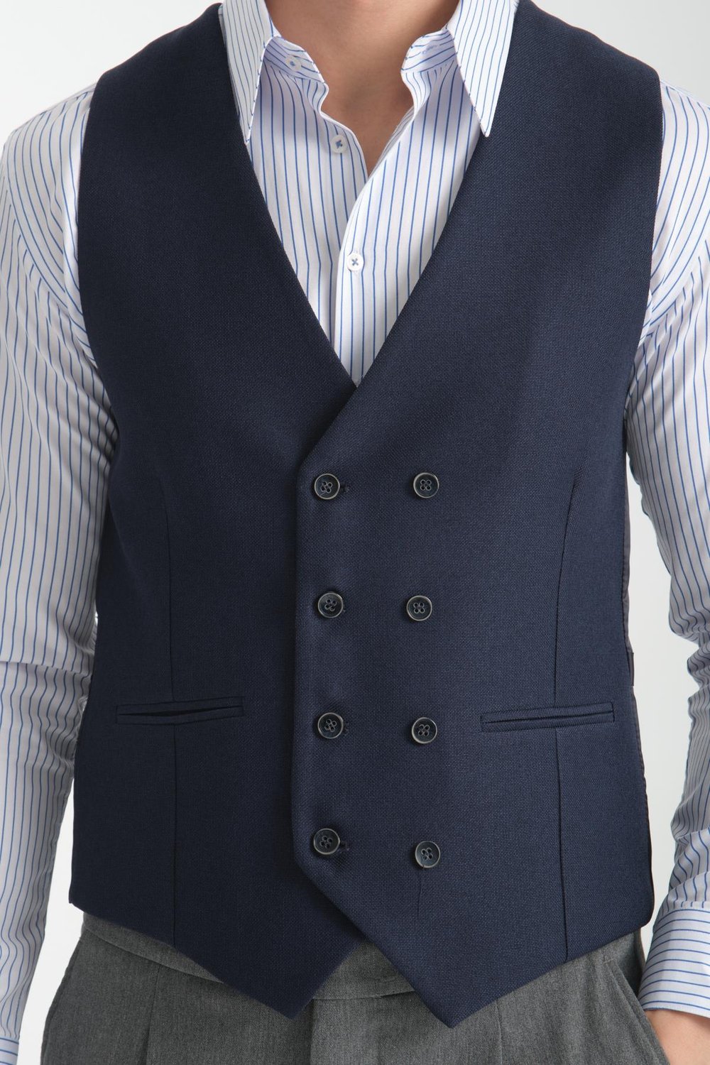 Alfredo Koyu Lacivert Hasır Kumaşlı Basic Kruvaze V Yaka Slim Fit Yelek