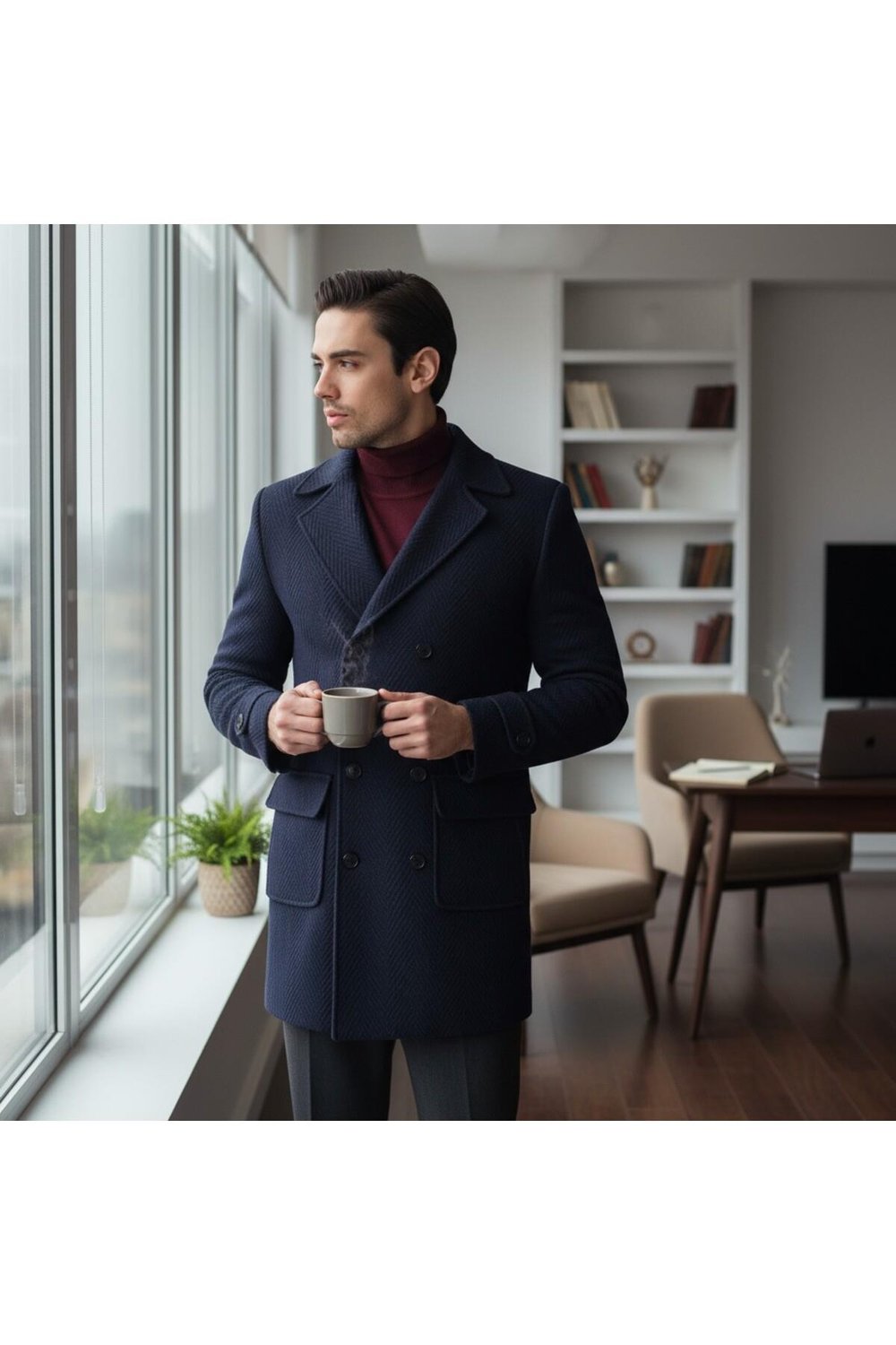 Balıksırtı Desenli Erkek Kalın Kaşe Kaban Regular Fit Kruvaze