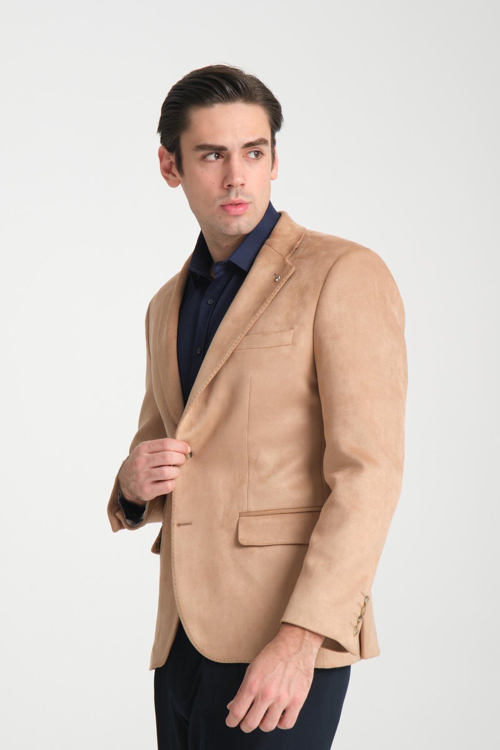 Bernando Erkek Bej Süet Yaz-Kış 4 Mevsim Slim Fit Spor Blazer Ceket