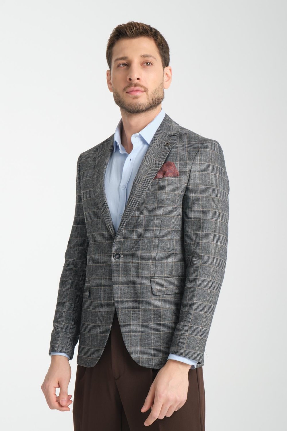 Caswino Erkek Gri Ekose Slim Fit Mono Yaka Spor Blazer Ceket