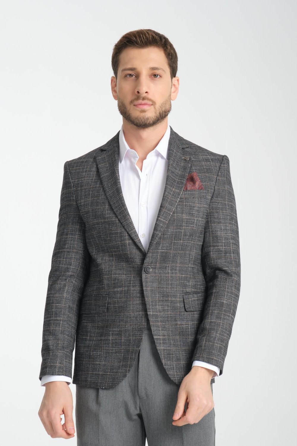 Caswino Erkek Siyah Ekose Slim Fit Mono Yaka Spor Blazer Ceket