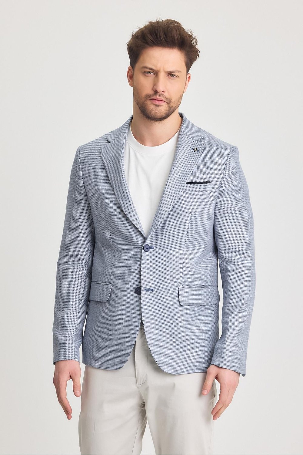 Dante Erkek Lacivert Keten Karışımlı Slim Fit Yaz Spor Blazer Ceket