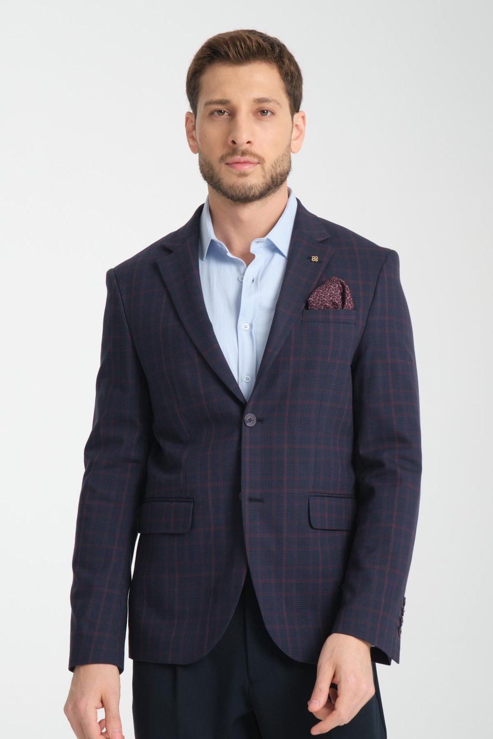 Diegos Erkek Lacivert Ekose Slim Fit Mono Yaka Spor Blazer