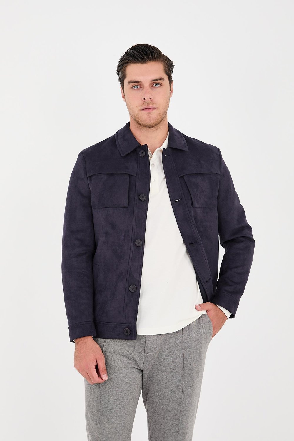 Dügmeli Spor Erkek Slim Fit Süet Mont