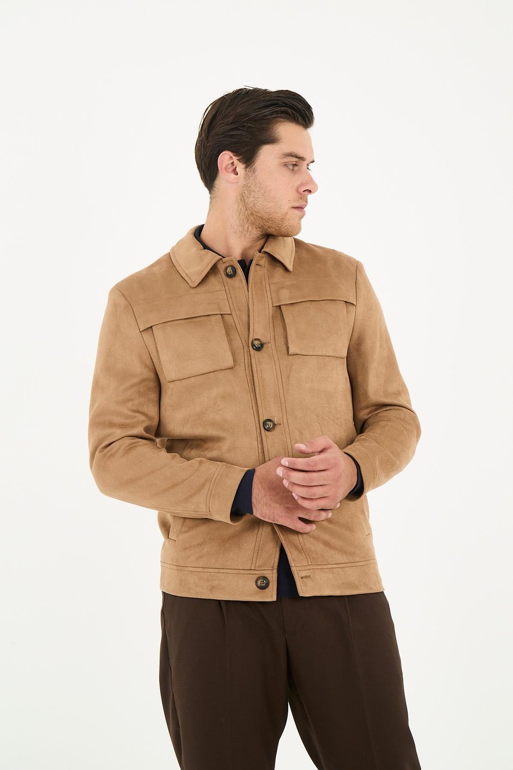 Dügmeli Spor Erkek Slim Fit Süet Trençkot-Mont