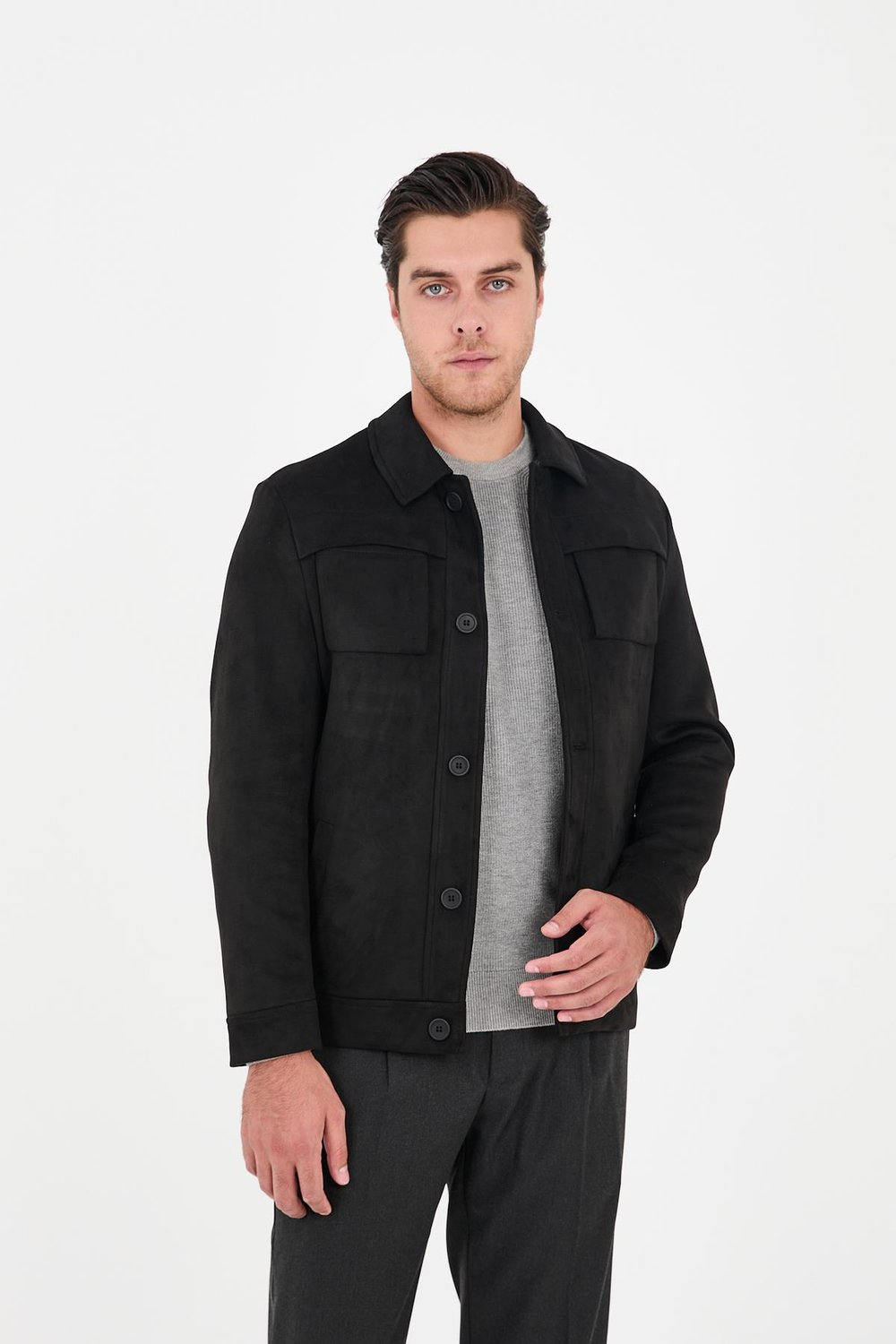 Dügmeli Spor Erkek Slim Fit Süet Trençkot-Mont