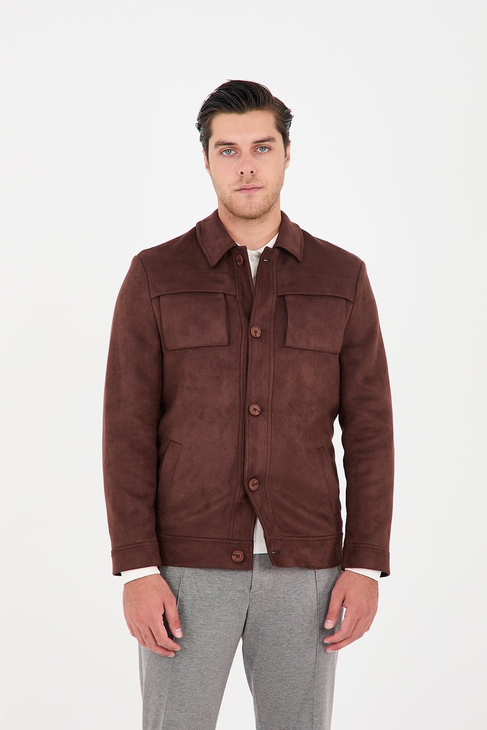 Dügmeli Spor Erkek Slim Fit Süet Trençkot-Mont