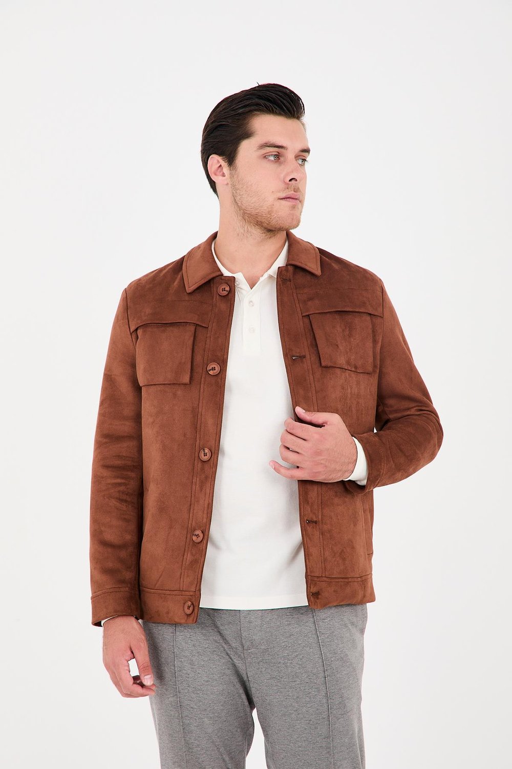 Dügmeli Spor Erkek Slim Fit Süet Trençkot-Mont