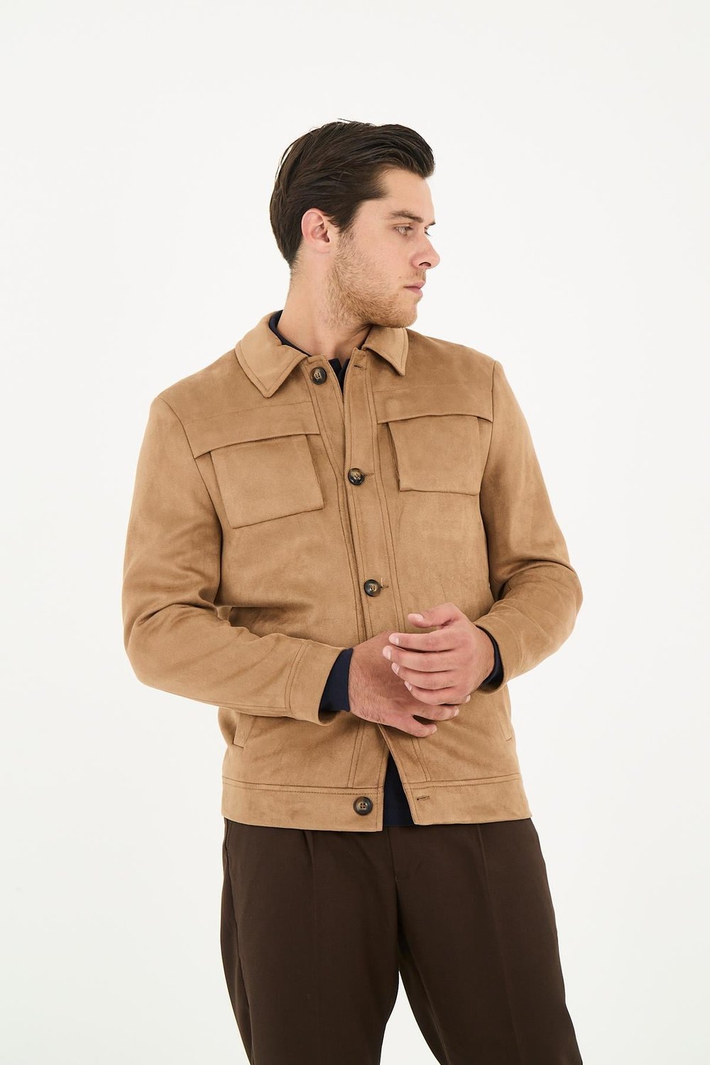 Dügmeli Spor Erkek Slim Fit Süet Trençkot-Mont