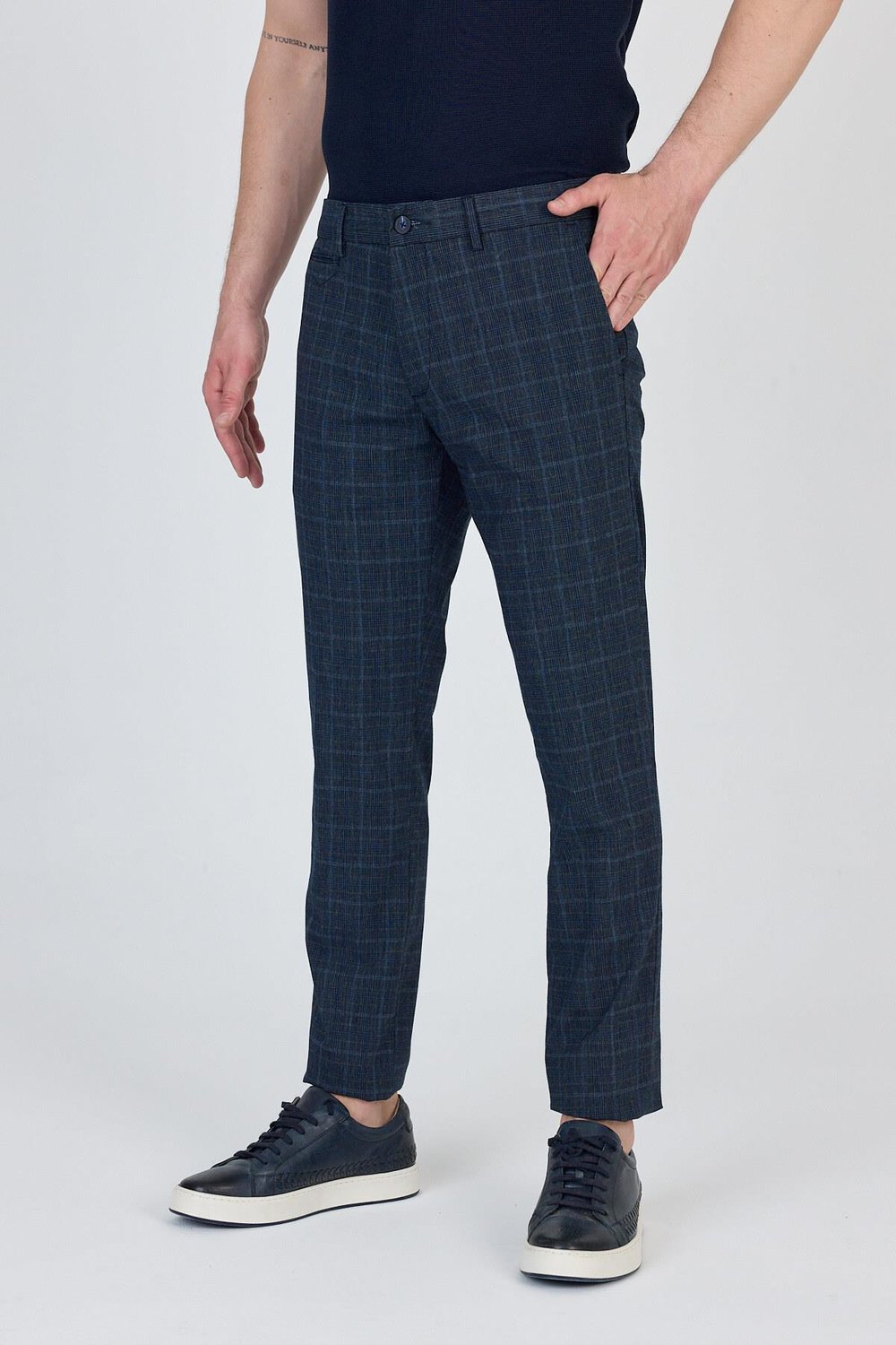 Ecmio Erkek Koyu Lacivert Ekose Keten Görünümlü İnce İlkbahar-Yaz Slim Fit Pantalon