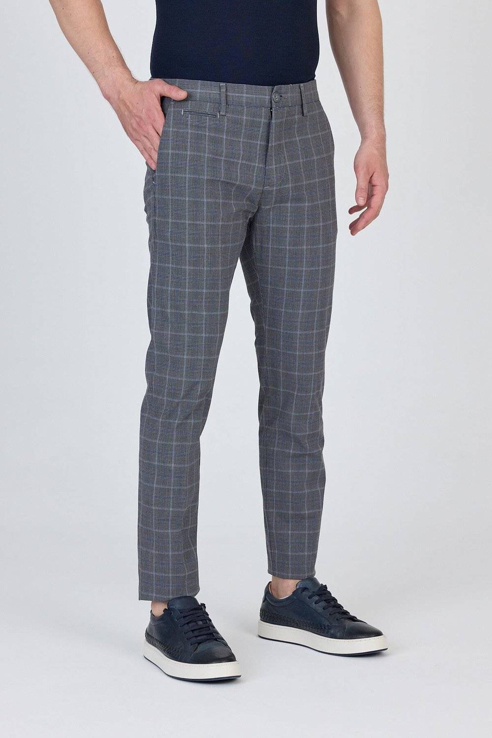 Ecmio Erkek Navy Ekose Keten Görünümlü İnce İlkbahar-Yaz Slim Fit Pantalon
