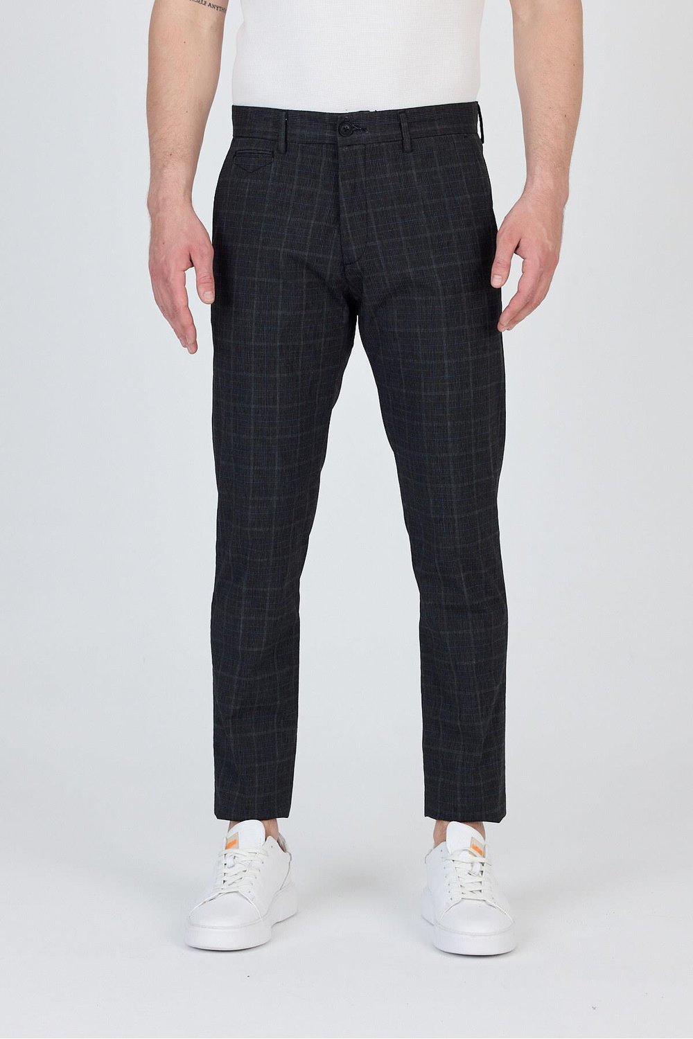 Ecmio Erkek Siyah Ekose Keten Görünümlü İnce İlkbahar-Yaz Slim Fit Pantalon