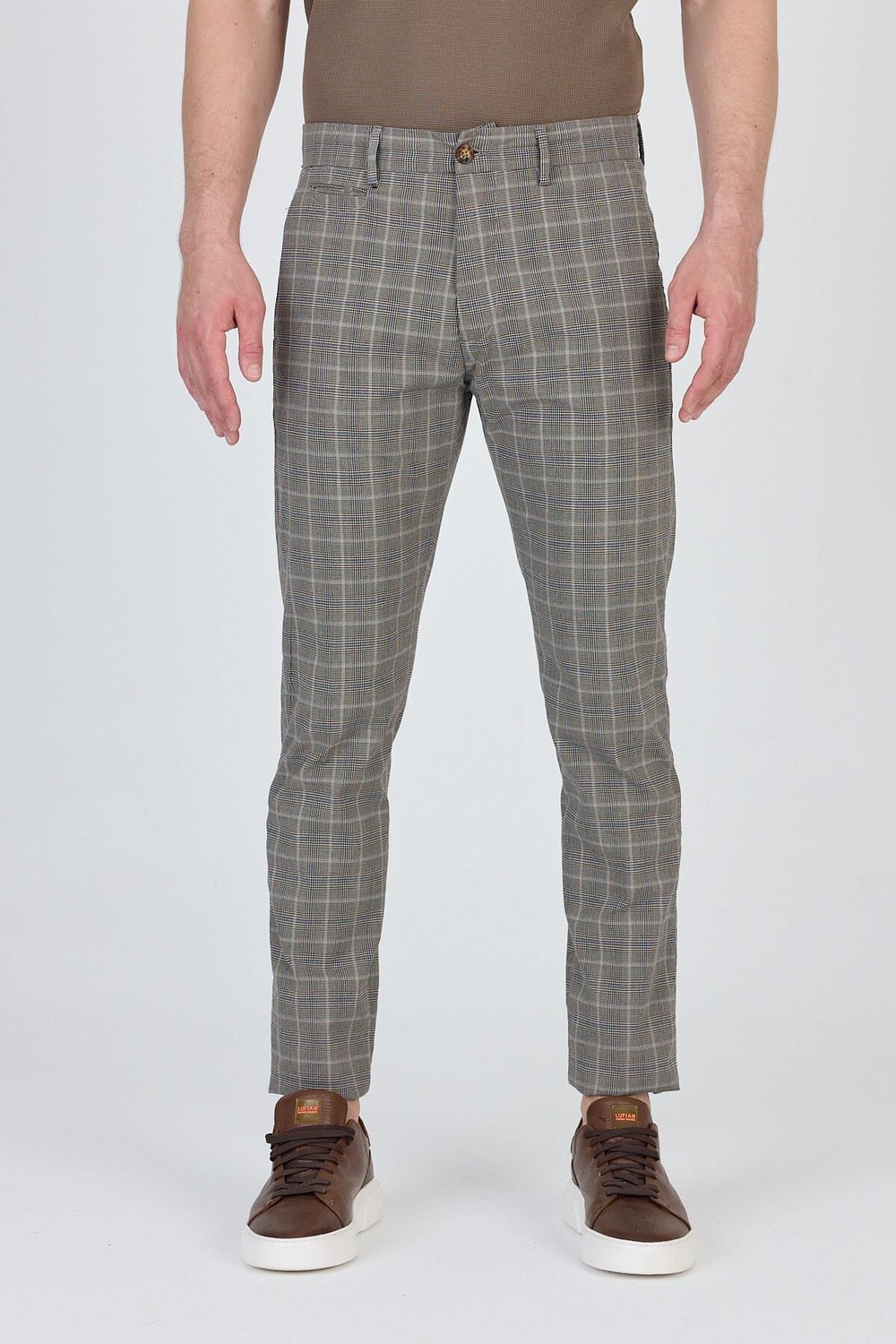 Ecmio Erkek Vizon Ekose Keten Görünümlü İnce İlkbahar-Yaz Slim Fit Pantalon